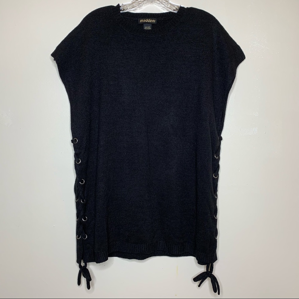 MADDEN NYC Black Sweater Lace Up Poncho Style MD1420, NWT, One Size Fits